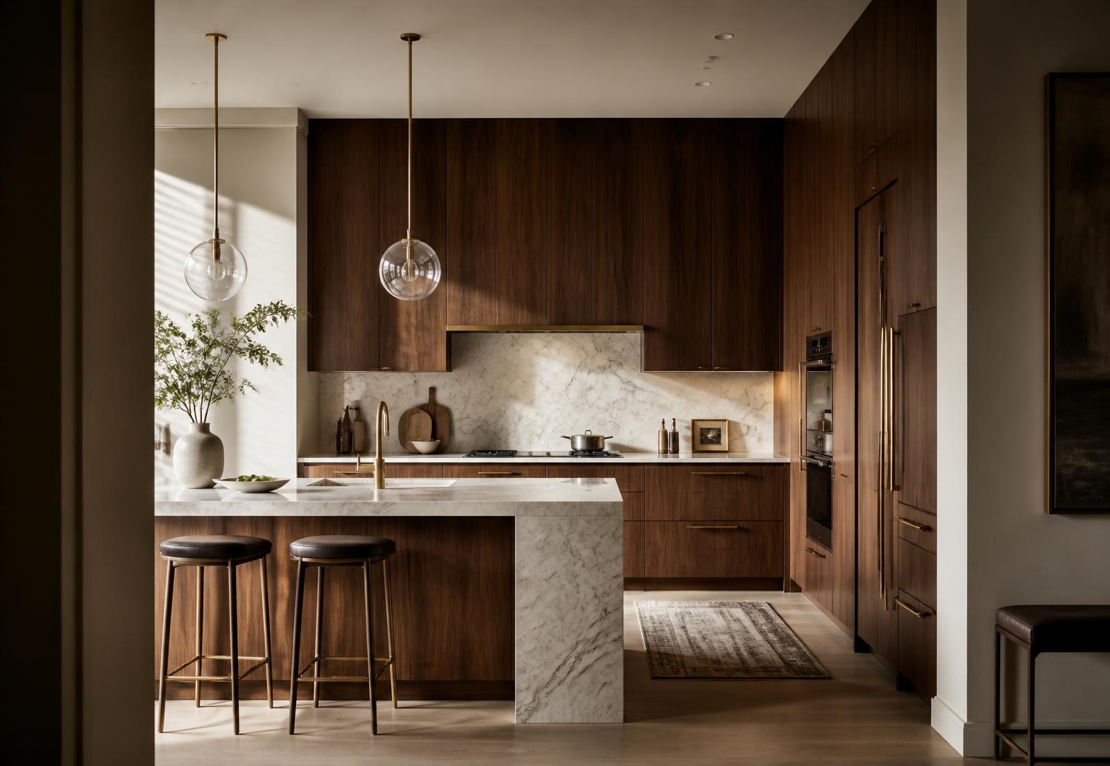 Custom American walnut kitchen with marble island in Johannesburg