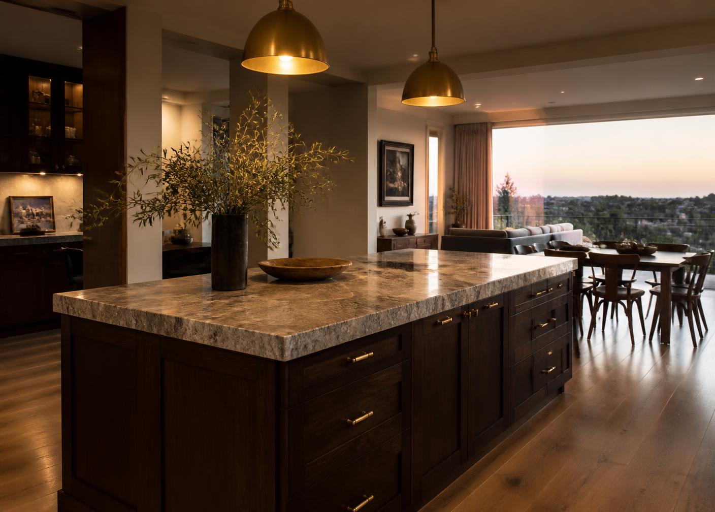 Deep walnut kitchen island with stone countertop